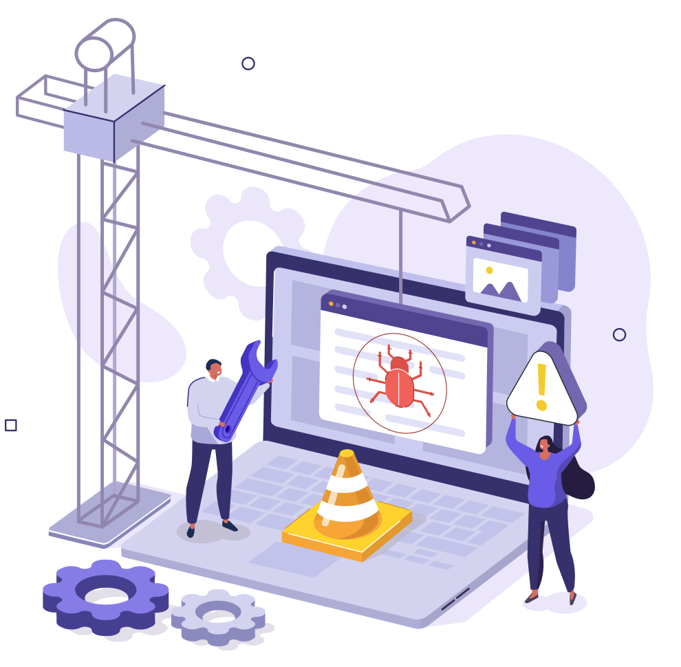 Illustration of two people repairing a laptop with a crane, a wrench and a warning sign